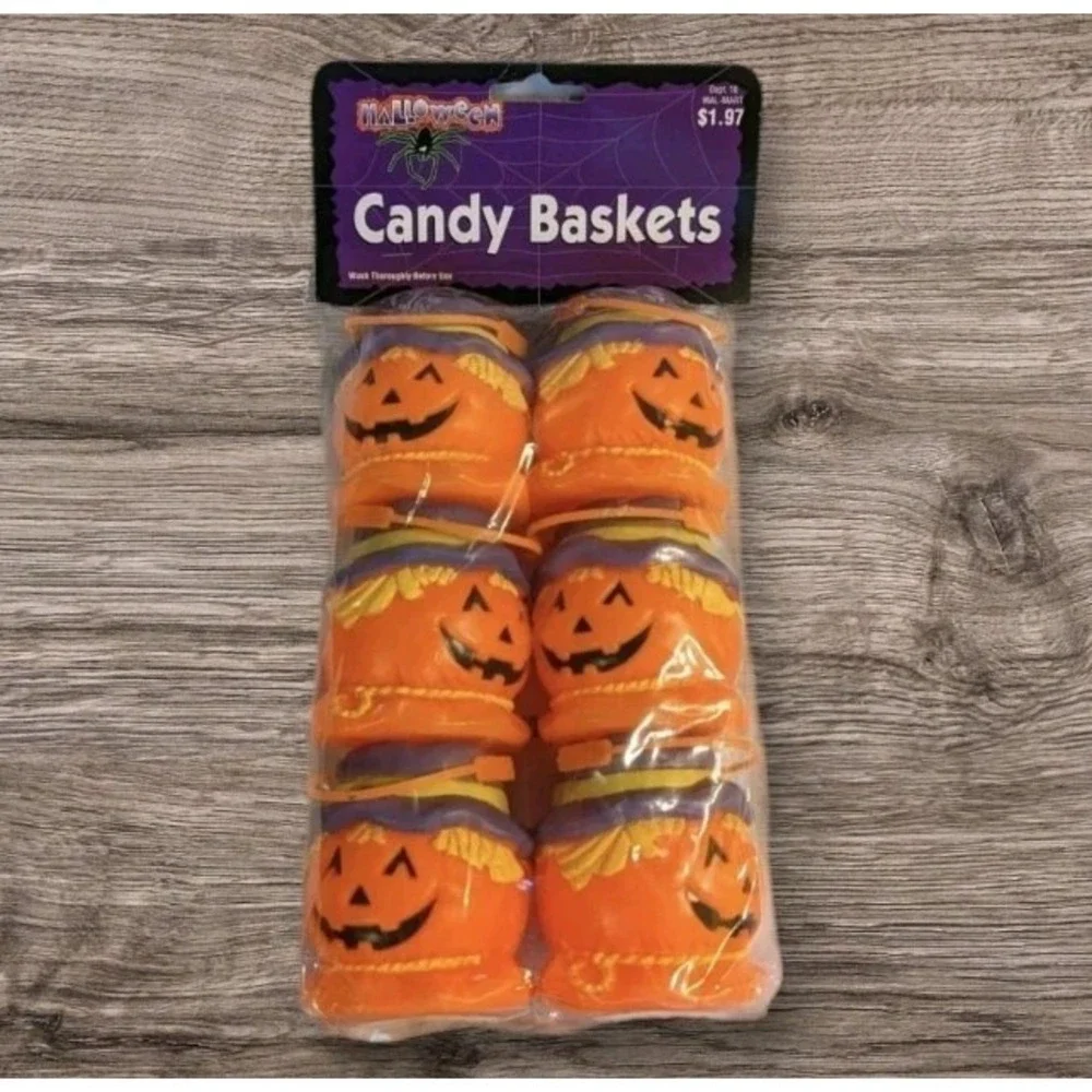 Blow Mold Halloween Pumpkin Mini Buckets Baskets Candy Scarecrow Decor Vtg NOS